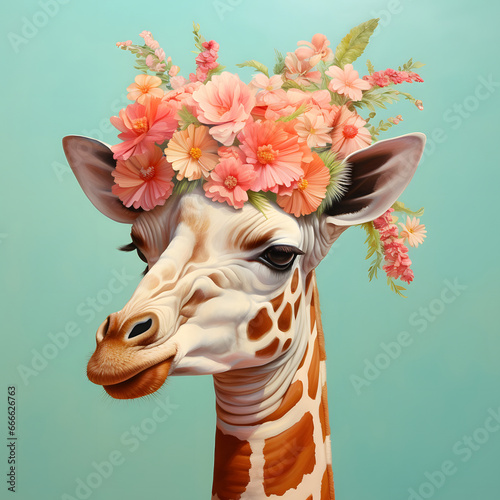 Minimal fashion and hairstyle concept. Profile portrait of a giraffe with flowers on its head. Background pastel mint green.