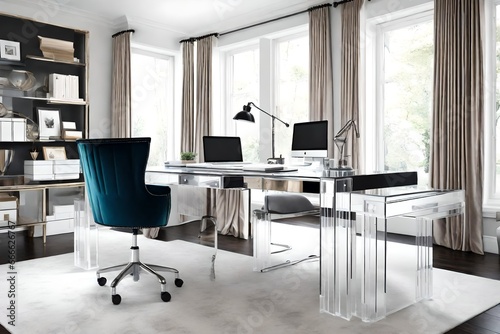 Home office space that is silver. Stylish velvet desk chair and acrylic accent chairs