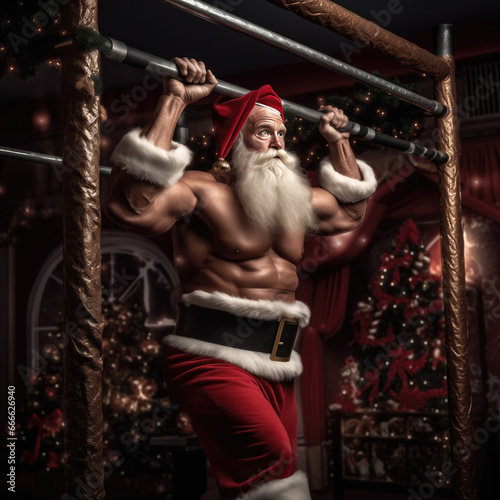 Photography Big muscular Santa Claus is pull up bar and exercise in preparation for sending gifts on Christmas Day.generative ai