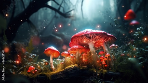 Glowing mushrooms and fantasy moss create a magical forest scene