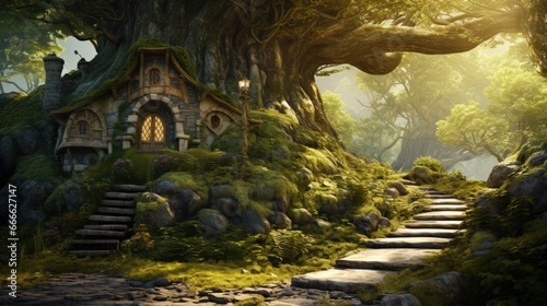 Fantasy forest with fairy tree house on stone road