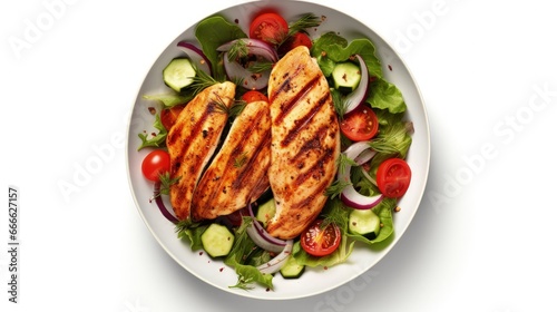 Grilled chicken salad with fresh vegetables Healthy food concept viewed from above