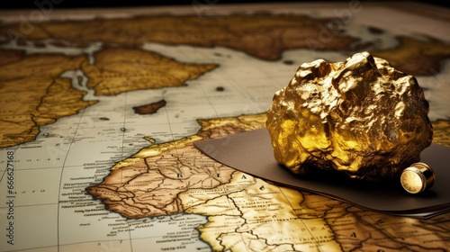 Gold nugget on vintage African map in close up photo