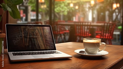 Cropped image of net book with screen laptop coffee and juice on cafe table