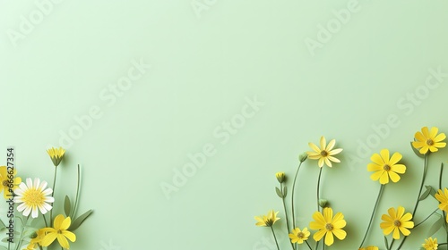 Green grass and yellow flowers on light green background minimal top view flat lay with top copy space © vxnaghiyev