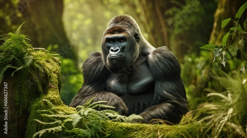 Gorilla in the forest of Mgahinga National Park Uganda photographed up close in its natural habitat in Africa surrounded by lush green vegetation © vxnaghiyev