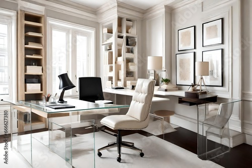 Home office space that is ecru. Fashionable leather desk chair and glass accent chairs © Sana