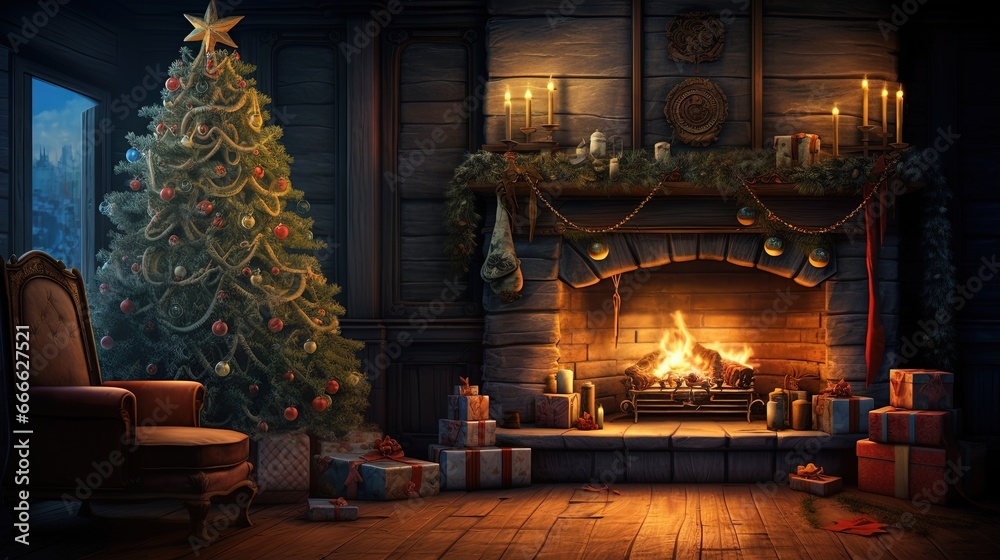 Dark night filled with magic as gifts surround a glowing Christmas tree by the fireplace