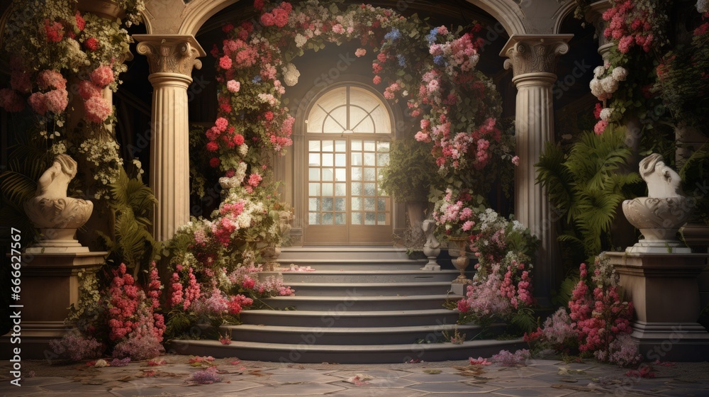 Entrance of house framed by floral pots Entrance of house framed by floral pots