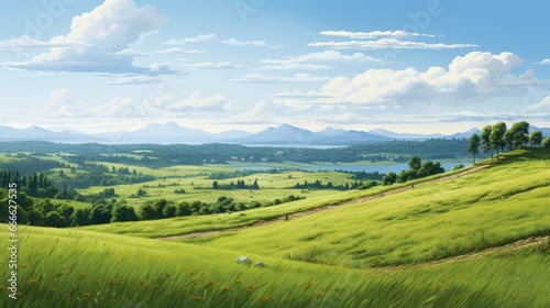 Green field and distant forest in summer landscape © vxnaghiyev