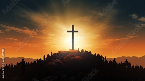 Easter morning with silhouettes of the cross Resurrection background and abstract space for text