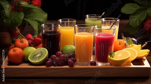 Fruit and juice filled tray on table