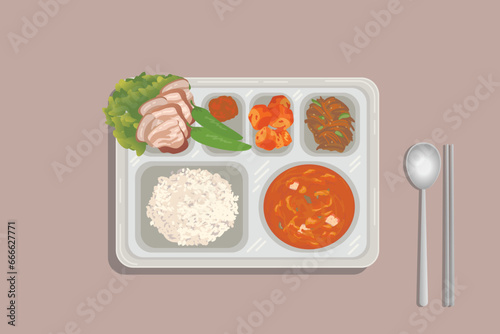 Korean school lunch, no leftovers day bossam vector illustration