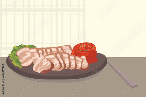 한국 음식 수육, 보쌈 일러스트, Korean traditional food boiled pork, bossam illustration