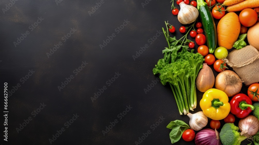 Fresh organic vegetables on black chalkboard with eco shopping bag top view Fresh organic vegetables on black chalkboard with eco shopping bag top view