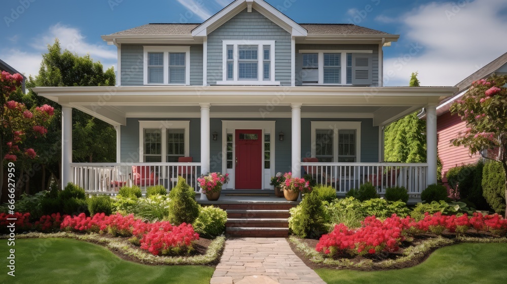 Freshly painted North American home surrounded by summertime greenery