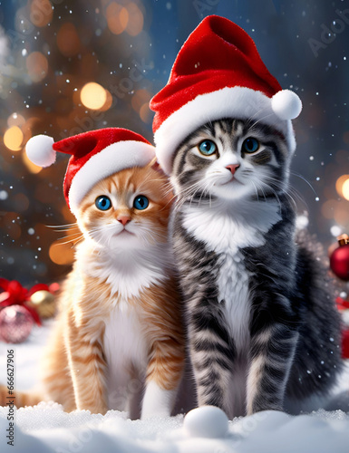 Deux chats drôles dans la neige avec bonnet de Père Noël rouge. Vacances de Noël. Carte de Noël - IA générative © CURIOS