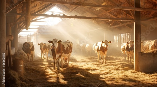 Cows grazing on a sunny morning at a Parmesan cheese farm in Parma Italy awaiting milking