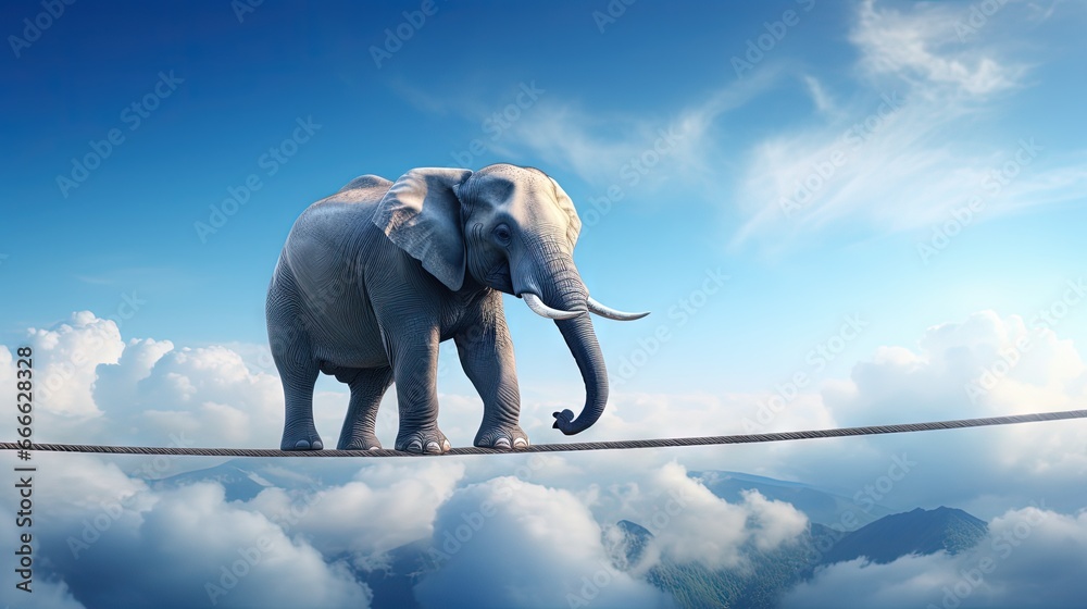 Elephant walking on tightrope in surreal sky setting