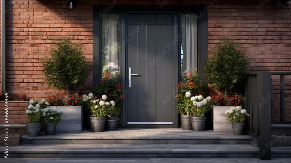 Fototapeta premium Grey modern garage door two large flower pots cascading flowers brown wooden stairs black panel door grey brick exterior wall