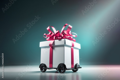New Year present with big red bow on car wheels. Christmas gift and holiday package delivery concept.