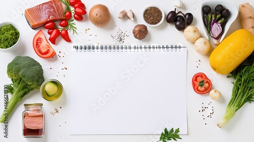 Diet plan and healthy food on table promoting healthy lifestyle and nutrition