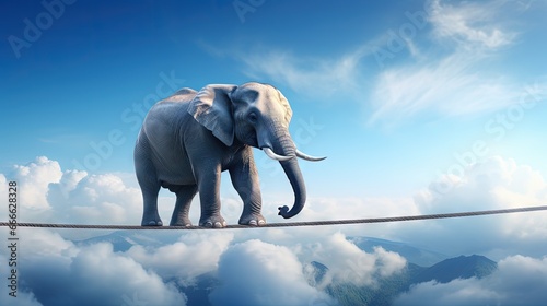 Elephant walking on tightrope in surreal sky setting