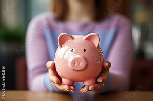 Financial Empowerment Woman Holding Pink Piggy Bank for Saving Money, Financial Planning, and Wealth Building. created with Generative AI