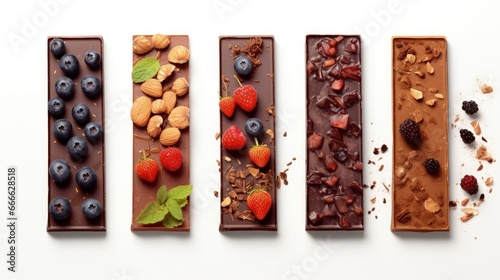 Fruity nutty chocolate bars on white backdrop photo