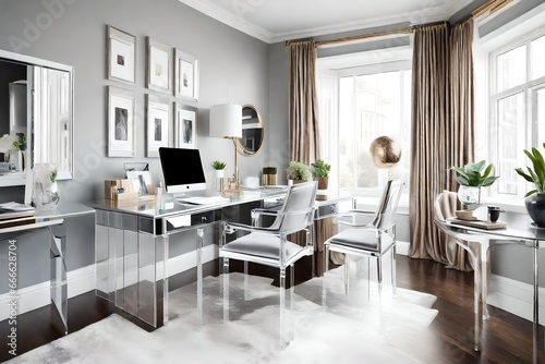Home office space that is silver. Stylish velvet desk chair and acrylic accent chairs