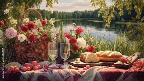 Enjoying a charming outdoor meal complete with a picnic basket filled with delicious treats including baguette summer flowers wine and pastries