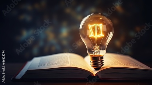 Glowing light bulb on book inspiration from reading for innovation and self learning in business
