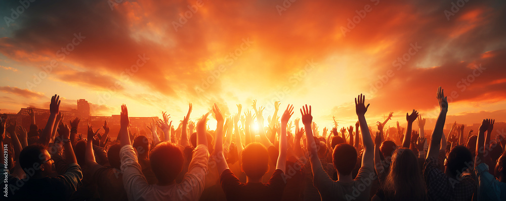Worship God concept, International human rights day concept: Silhouette people hands rising over blurred abstract autumn sunset background, people hands rising  - obrazy, fototapety, plakaty 