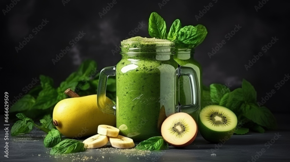 Green smoothies made with spinach banana apple kiwi and mint in a glass jar embodying detox diet and vegetarian concepts Green smoothies made with spinach banana apple kiwi and mint in a glass jar embodying detox diet and vegetarian concepts