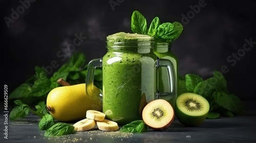 Green smoothies made with spinach banana apple kiwi and mint in a glass jar embodying detox diet and vegetarian concepts