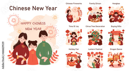 Chinese New Year tradition set. Cheerful asian family leisure on festive day