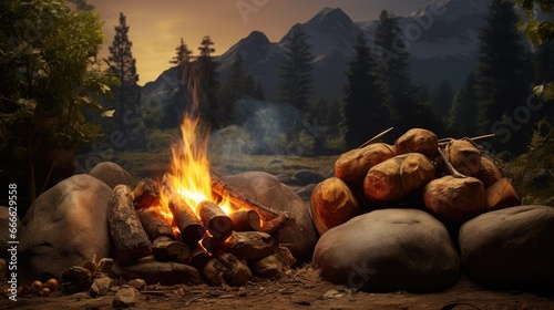 Cooking a potato over a campfire in the wilderness