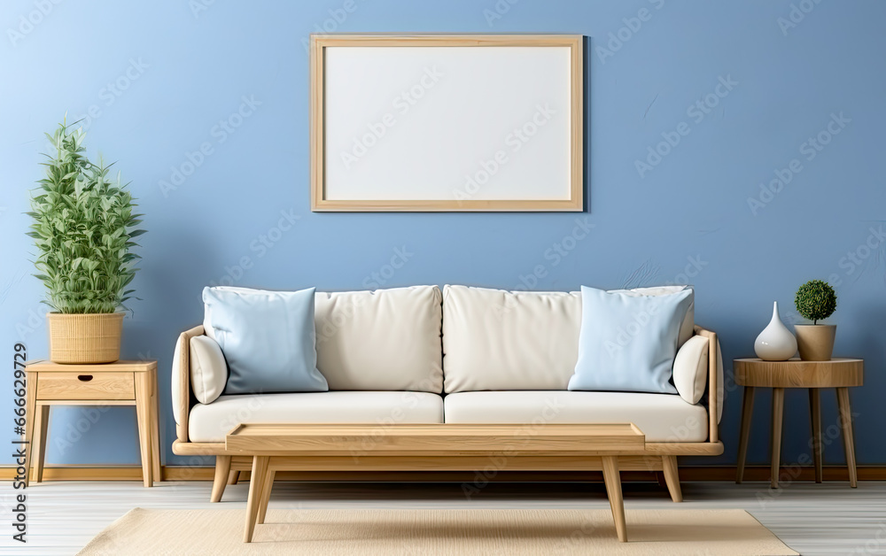  Warm and Cozy Composition of spring living room interior with mock - up poster frame, wooden sideboard, white sofa, green stand, base with leaves, plants, and stylish lamp, Home Decor,