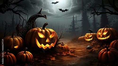 Halloween scene featuring pumpkin and bats