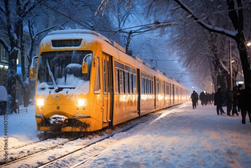 Yellow modern tram in the city in winter evening, city transport