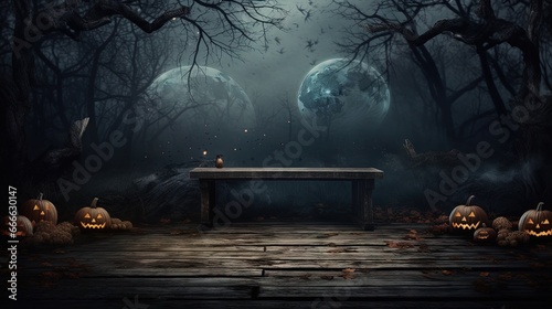 Eerie forest scene with moon and table on Halloween