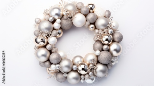 Glistening Silver Holiday Wreath with Christmas Ornaments, Top-View Festive Decoration for New Year's Celebration