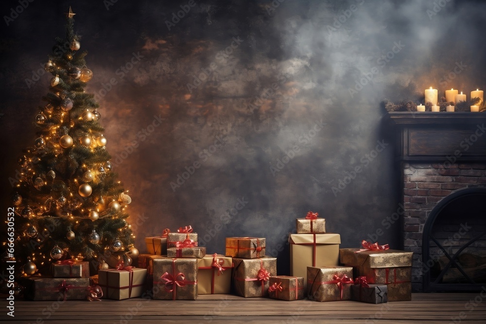 Christmas tree and heap of gifts - copy space over concrete wall background, fireplace