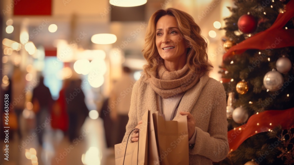 Festive Shopping Galore: Middle-Aged Woman Splurges on Christmas Gifts at Shopping Center Festive Shopping Galore: Middle-Aged Woman Splurges on Christmas Gifts at Shopping Center