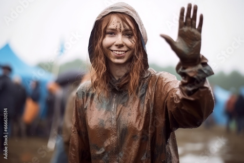 Junge, glückliche Frau nach einem Hindernislauf in schlammiger und nasser Kleidung photo