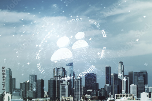 Abstract virtual people icons on Los Angeles skyline background. Life and health insurance concept. Multiexposure