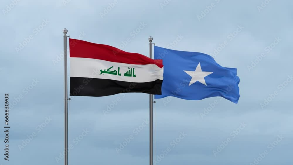 Somalia and Iraq flag waving together on cloudy sky, endless seamless loop, two country cooperation concept Somalia and Iraq flag waving together on cloudy sky, endless seamless loop, two country cooperation concept
