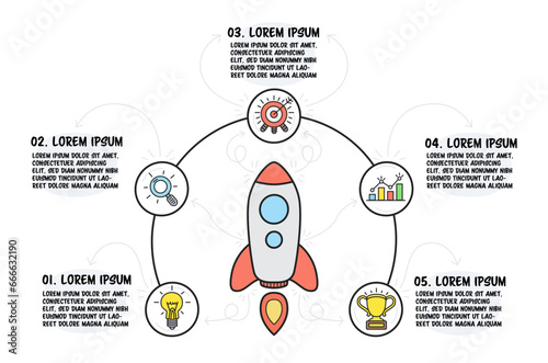 Business start up infographic with multiple options. Freehand sketch with rocket launch template. Vector illustration.