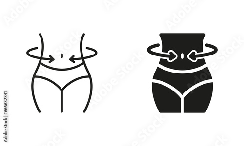 Female Body Slimming Symbol Collection. Shape Waistline Control. Slimming Waist Line and Silhouette Black Icon Set. Woman Loss Weight Pictogram. Isolated Vector Illustration