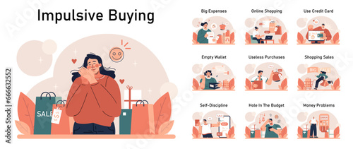 Impulsive buying set. Shopaholic money problems. Consumer doing useless